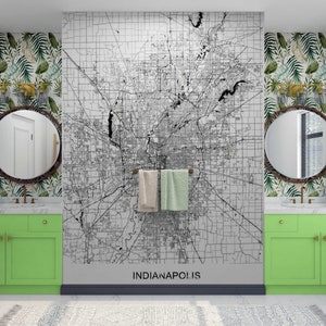 Indianapolis City Map Wallpaper - USA City Map Wall Art, Peel & Stick Wall paper for Office Décor, Black and White Map Murals, Teacher Gift