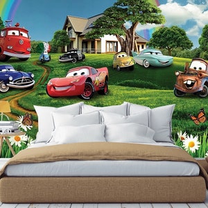 Cartoon Cars Wallpaper for Kids Room, Wall Mural Wall Paper, Custom Kids Wall paper Decor, Premium Vinyl Wallpaper, Boys Bedroom Wallpaper
