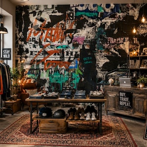 Trendy retail store featuring graffiti mural wallpaper with urban street art collage, industrial shelving and contemporary shop interior.