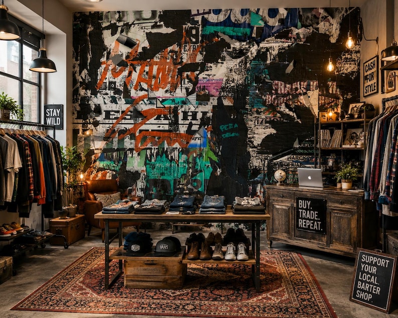 Trendy retail store featuring graffiti mural wallpaper with urban street art collage, industrial shelving and contemporary shop interior.