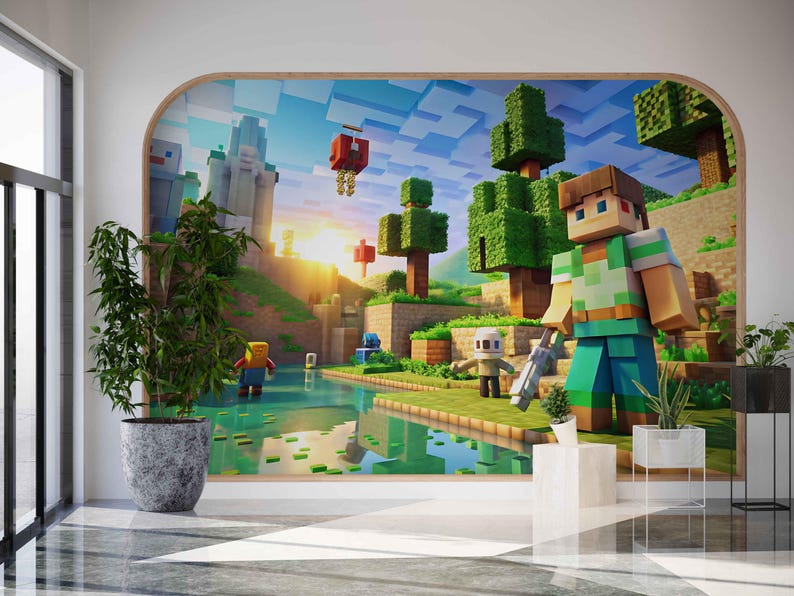 3D Pixel Game Room Wallpaper, Kids Minecraft Mural, Peel and Stick - Etsy