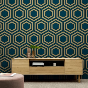 Geometric Gold and Teal Peel and Stick Wallpaper – Modern Hexagonal Pattern Wall Mural for Accent Walls, Removable Vinyl Wallpaper for Home