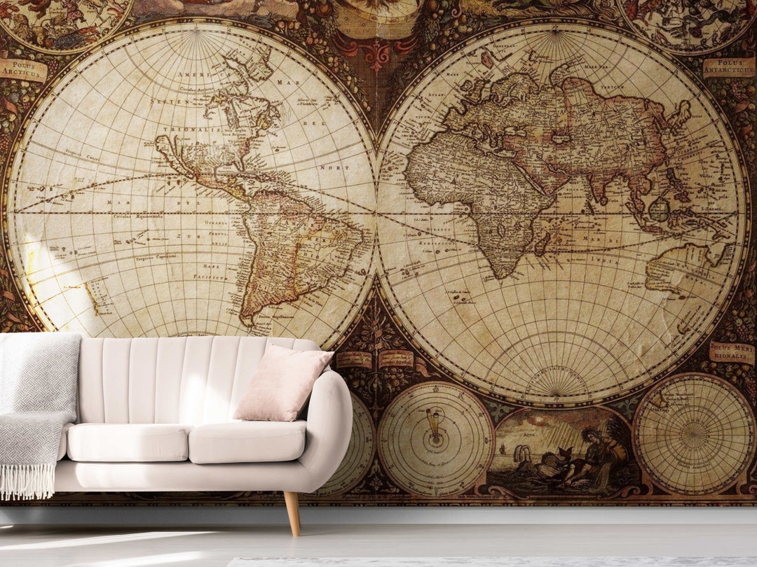 Old World Map Wallpaper Vintage Wall Paper Map Murals Removable Wallpaper Decal Living Brown