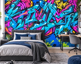Blue Graffiti Wallpaper, Street Art Wall Mural, Peel and Stick Wallpaper, Teen Room Decor