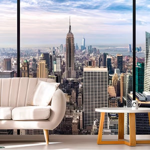New York City Skyline Window View Wallpaper Mural Expanding Space Wall Mural Extra Large Photo Wallpaper Wall Paper Mural Wallpaper 3D City