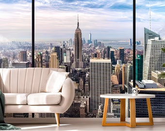 New York City Skyline Window View Wallpaper Mural Expanding Space Wall Mural Extra Large Photo Wallpaper Wall Paper Mural Wallpaper 3D City