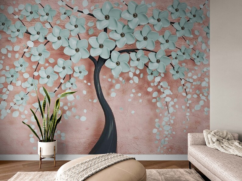 3D Wallpaper Mural Blue Flower Trees Wallpaper Wall Decor Etsy