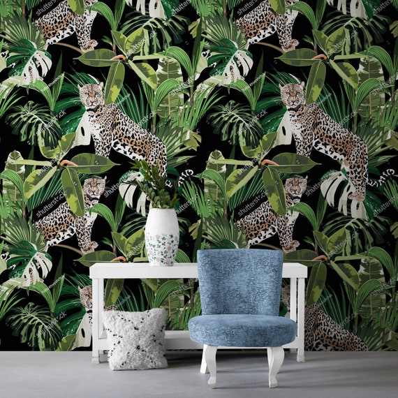 Tropical Wallpaper Wall Mural Cheetahs on Green Leaf Wall Paper Adhesive  Mural Bedroom Decor Botanical Wall Paper Decal Bedroom Floral Decor 