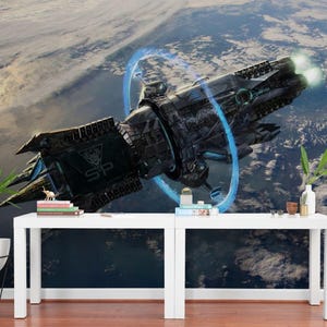 3D Sci-Fi Wallpaper Mural – Futuristic Spaceship Wall Art, Peel and Stick Vinyl Mural for Game Room, Office, or Modern Bedroom Decor
