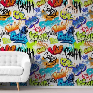 Cool Graffiti Wallpaper for Boys Room Decor, Bedroom Wall Decor for Boys and Girls or Teenagers Kids Wall paper, Self Adhesive Vinyl Mural