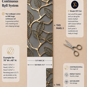 Puede incluir: Un rollo continuo de papel tapiz con un patr&oacute;n de hojas y ramas doradas sobre un fondo gris oscuro. La imagen incluye texto instructivo, un par de tijeras y etiquetas que indican un ancho de rollo de 19.6 pulgadas y secciones de paneles.