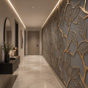 Comparison of Peel and Stick vs Vinyl Non-Woven material options for 3D golden leaf branch wallpaper mural with sample order callout.