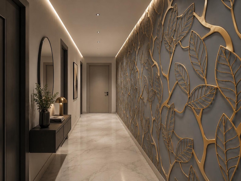 Comparison of Peel and Stick vs Vinyl Non-Woven material options for 3D golden leaf branch wallpaper mural with sample order callout.
