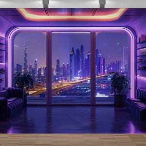 Futuristic City View Wallpaper – Modern Neon Art Wall Covering, Skyline Wall Mural, Cyberpunk Room Decor, Peel and Stick or Textured Fabric