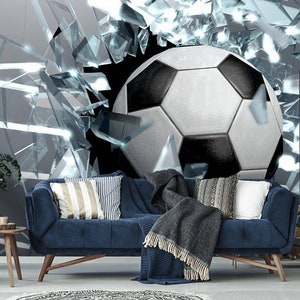 3D Soccer Ball Wall Mural – Peel and Stick Sports Room Wallpaper for Kids’ Game Room, Bedroom & Living Room, Removable Wallpaper Mural