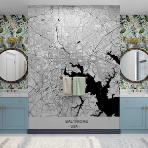 Baltimore Map Mural Wallpaper Wall Art  Black and White Map Wallpaper Mural Peel & Stick Adhesive Wallpapers City Map Wall Paper Wall Art