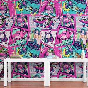 Pink Anime Wall Mural Peel and Stick Wall Wallpaper, Teen Girl Room Decor Ideas, Cartoon Wall Art, Colorful Wall Murals with DIY Instalation