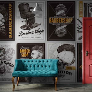 Barber shop wall mural wallpaper Peel and stick barber design Men&#39;s salon wall decor Modern barber wallpaper Haircut theme wallpaper art