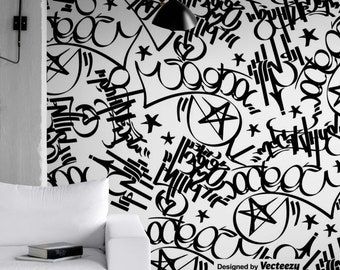 Graffiti Street Art Wall Mural, Black and White Urban Decor (Peel and Stick)