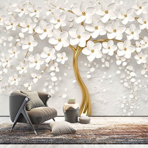 3D Custom Wallpaper Embossed White Flowers Trees Wallpaper Etsy