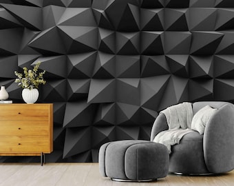 Black 3D Geometric Wall Mural, Matte Polygon Feature Wall