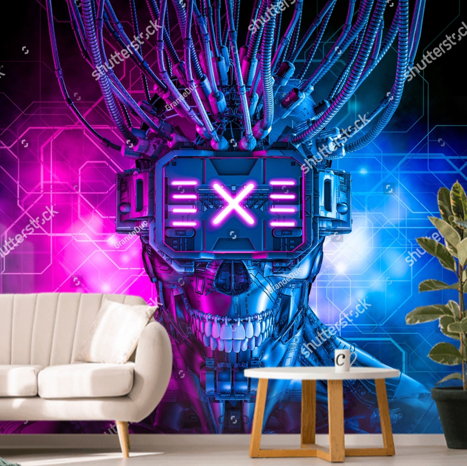 Cyberpunk Wall Mural Graffiti Wallpaper Colorful Skull Robot Etsy