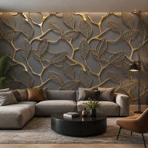 Golden leaf branch 3D wallpaper mural installed as a luxury accent wall in a sunlit modern living room behind a neutral sofa.