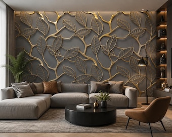 Golden Leaf Wallpaper 3D Wall Mural | Minimalist Botanical Accent Wall | Removable Peel and Stick Luxury Mural Decor