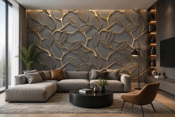 Golden Leaf Wallpaper 3D Wall Mural | Minimalist Botanical Accent Wall | Removable Peel and Stick Luxury Mural Decor