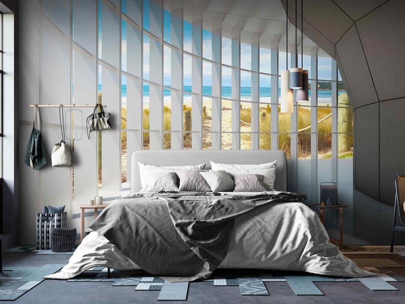 Coastal landscape wallpaper creating a realistic window illusion
