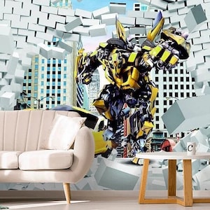 3D Transformers Style Wallpaper for Kids Bedroom Decor, Cartoon Peel and Stick or Premium Fabric Wall Covering for Movies Lovers Wall Art