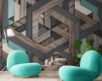 3D Geometric Wood Wallpaper Mural, Modern Wall Covering
