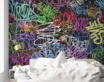 Papel de Parede Mural com Grafite Colorido - Revestimento de Parede com Arte Urbana de Rua