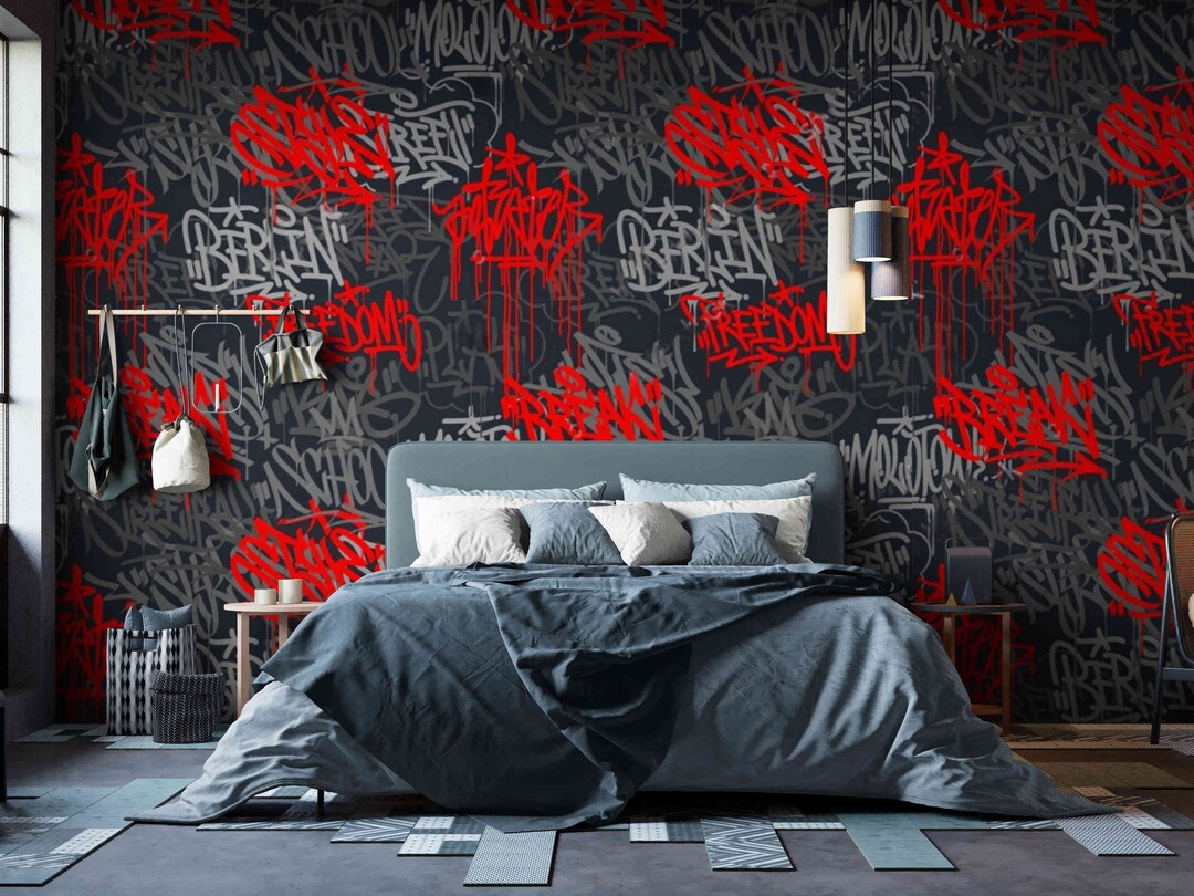Red Graffiti Peel and Stick Wallpaper – Urban Street Art Wall Mural - Etsy