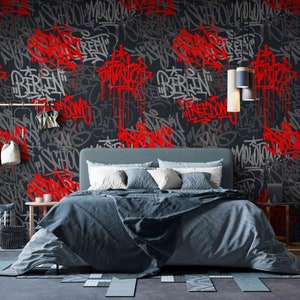 Dark & Red Graffiti Peel and Stick Wallpaper for Wall – Street Art Teenagers Room Wall Mural for Modern Industrial Decor, Game Room Ideas