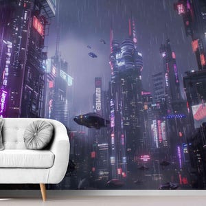 Cyberpunk-Dystopian Wallpaper Peel and Stick | Sci-Fi World Mural | Modern Cyberpunk City | High-Tech 3D Wallpapers | Digital Sci-Fi Murals