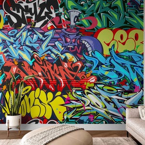 Colorful Graffiti Wallpaper Mural - Peel and Stick Vinyl or Non-Woven Wall paper for Bedroom, Living Room Wall Covering, Graffiti Wall Mural