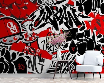 Red Black Graffiti Mural, Urban Street Art Wallpaper, Teen Game Decor (Peel and Stick)
