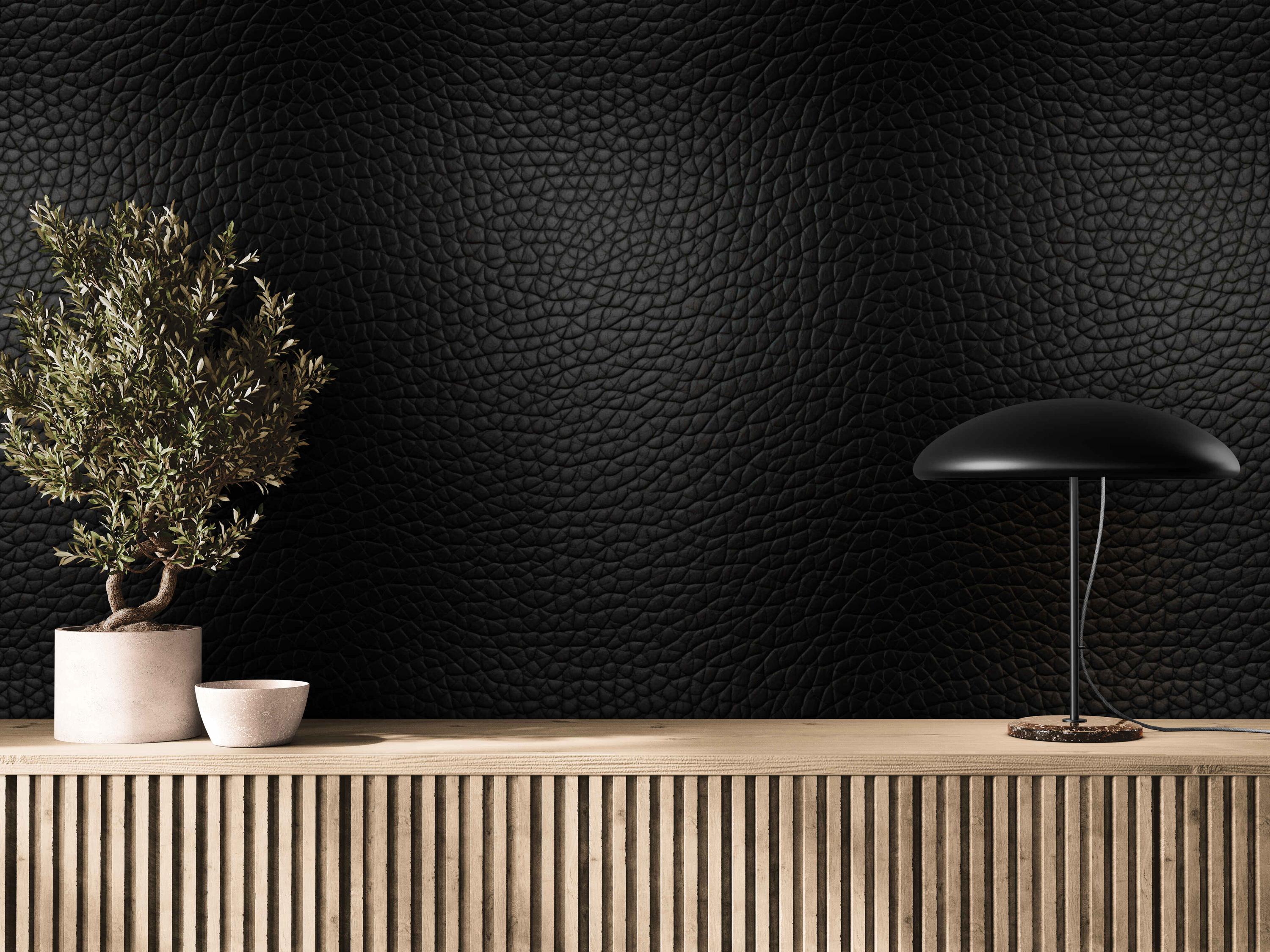 Luxury Black Leather Wallpaper – Realistic Embossed Texture for Modern Accent Wall Peel & Stick or Traditional Fabric Wall Covering