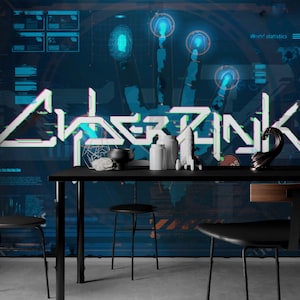 Cyberpunk Inscription Wallpaper Peel and Stick or Classic Wall paper for Bedroom, Office Wall Decor, Cyber Removable Wallpaper Mural