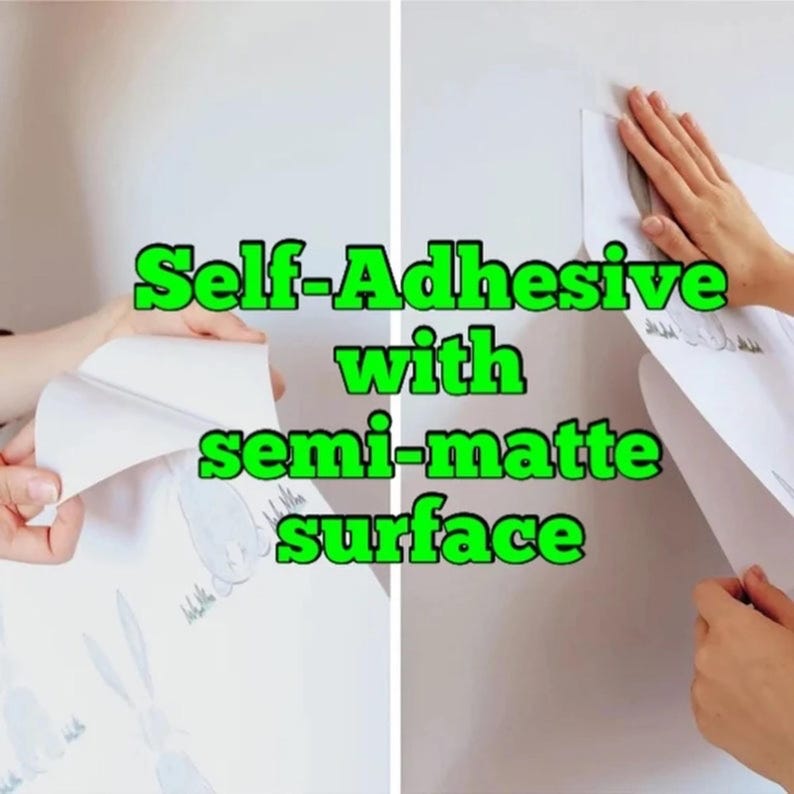 May include: A white, self-adhesive sheet with a semi-matte surface is being applied to a wall. The text "Self-Adhesive with semi-matte surface" is visible in green. The sheet has a cartoon design.