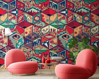 Red Abstract Graffiti Wallpaper Peel and Stick Wall Mural, Urban Street Art Decor