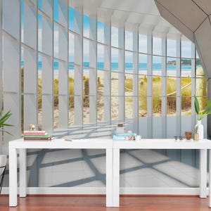 Interior wall decor with seaside panorama and architectural depth