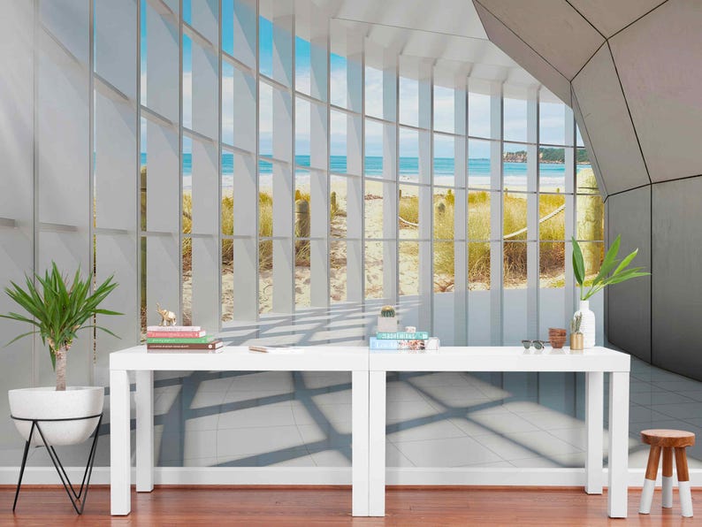 Interior wall decor with seaside panorama and architectural depth