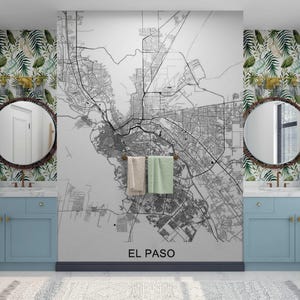 El Paso Map Mural Wallpaper Wall Art  Black and White Map Wallpaper Mural Peel & Stick Adhesive Wallpapers City Map Wall Paper Wall Art