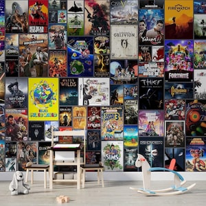 Cool Wallpapers for Boys - Game Room Decor Video Games Collage, Custom Teenager Gift, Peel and Stick Vinyl or Premium Non-Woven Wall paper