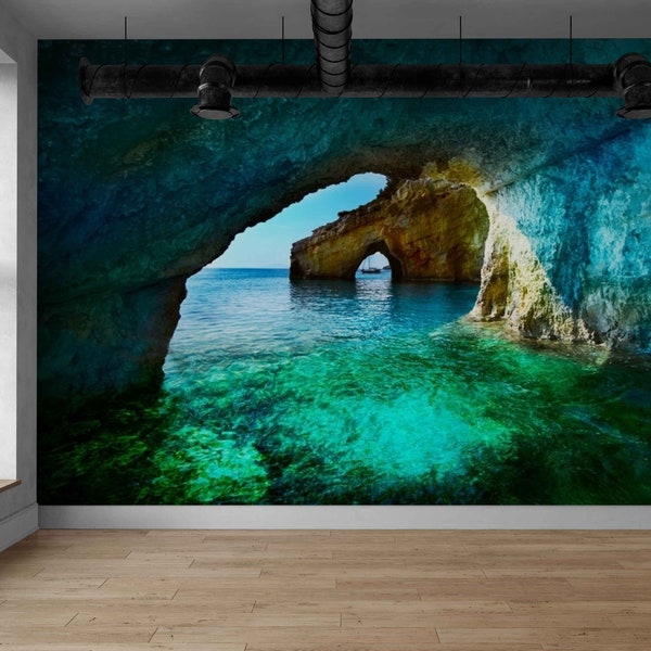 Sea Cave Mural, Bedroom Wall Paper 3D, Wallpaper Home Art, Sea View Wall Mural, Large Canvas Print, Fauna Painting Wallpaper Mural