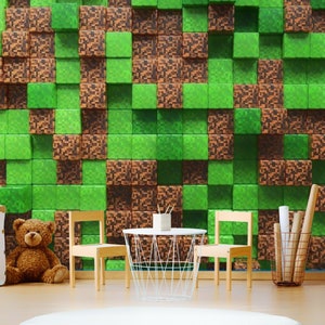 Games Minесraft Wall paper for  Game room Decor, Wall Mural Peel a Stick Pexels Kids Wallpaper, Game Room Ideas with Green Pixel Photo Mural