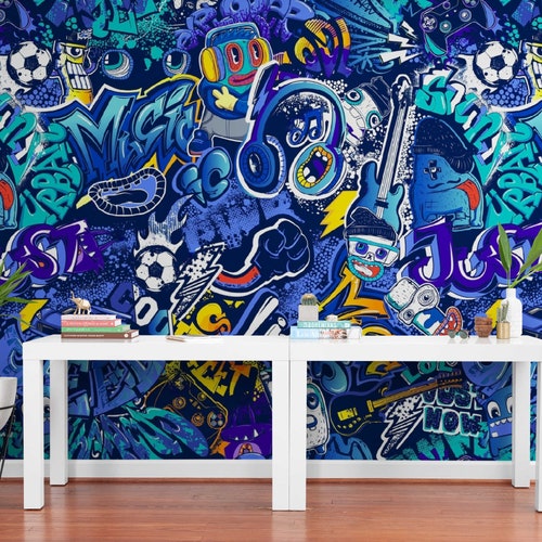 Colorful Mural Graffiti Wall Paper Peel & Stick Street Art Etsy Australia
