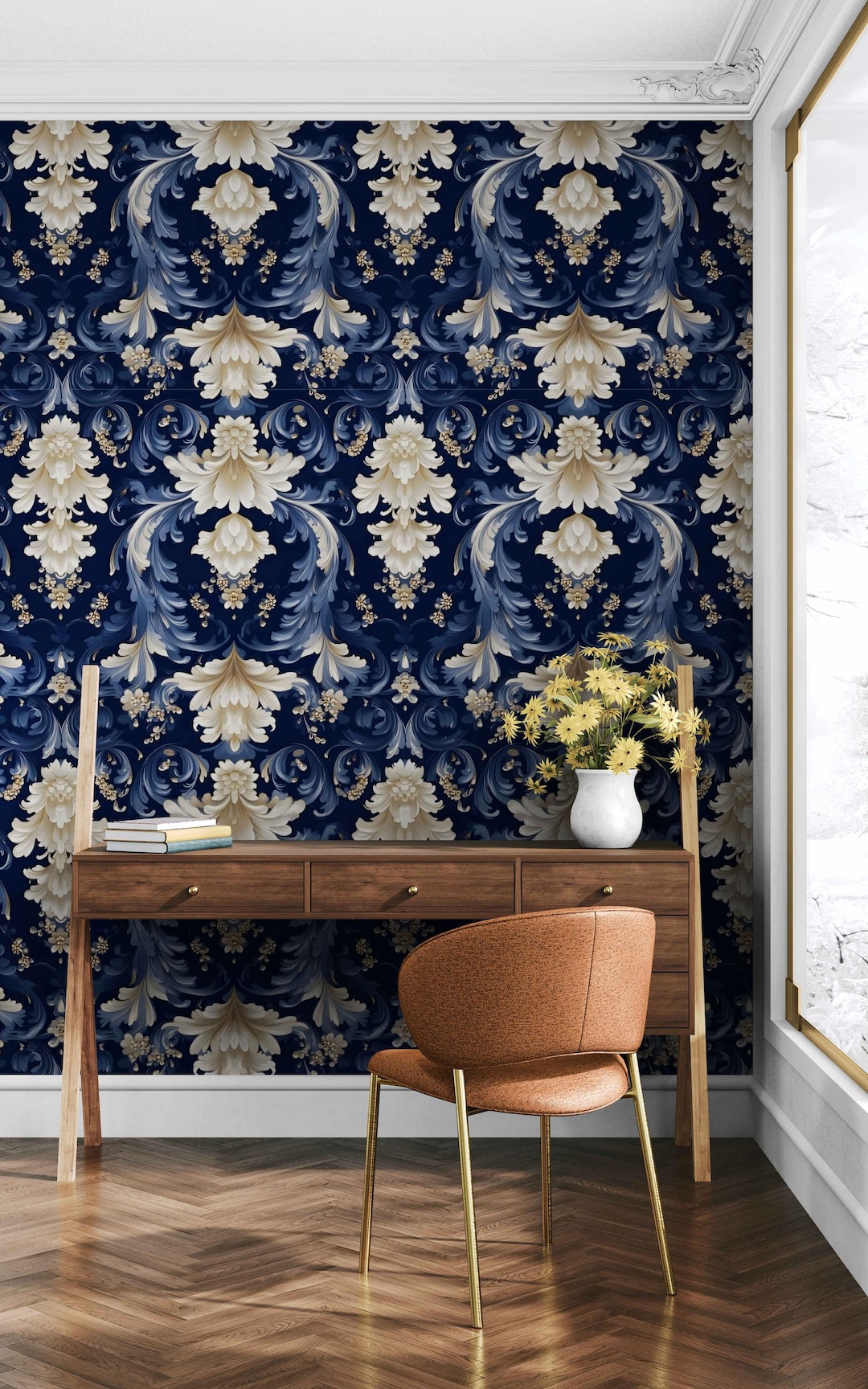 Blue and Gold Damask Wallpaper – Elegant Baroque Floral Wall Covering ...